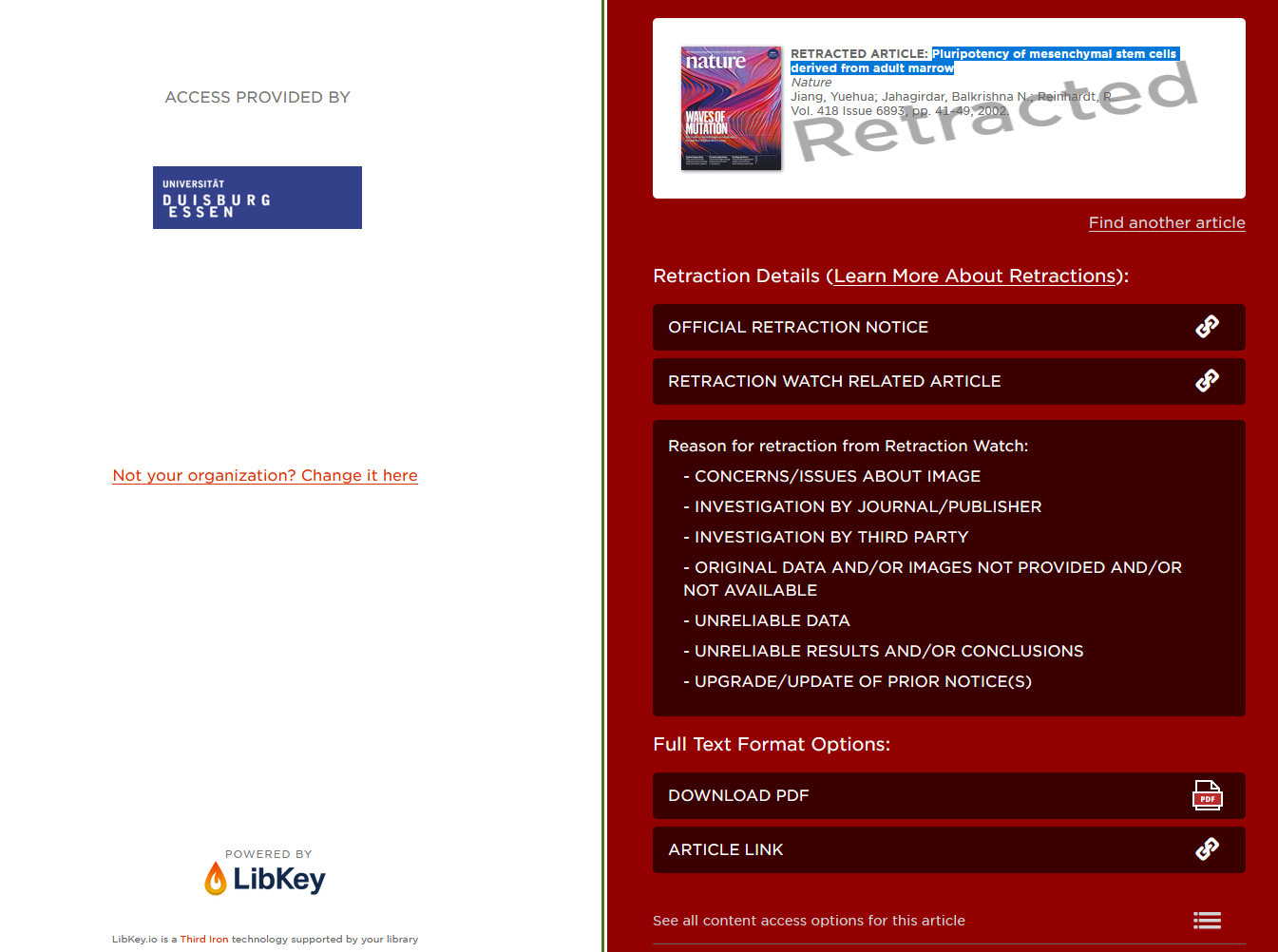 Screenshot: LibKey Discovery, Weitere Infos zum zurückgezogenem Artikel