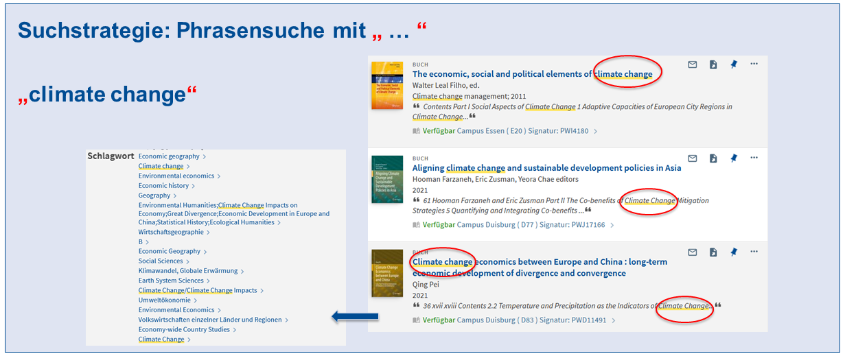 Screenshot: Suchstrategie Phrasensuche "climate change"