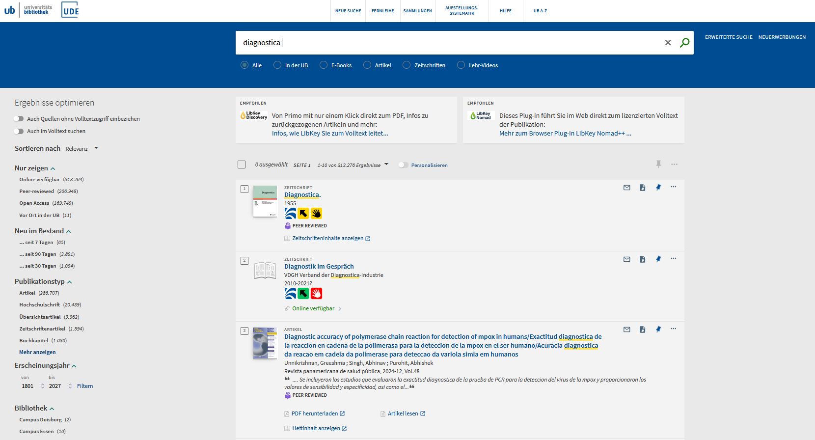 Screenshot aus Primo: Trefferliste zur Suche nach 'Diagnostica'