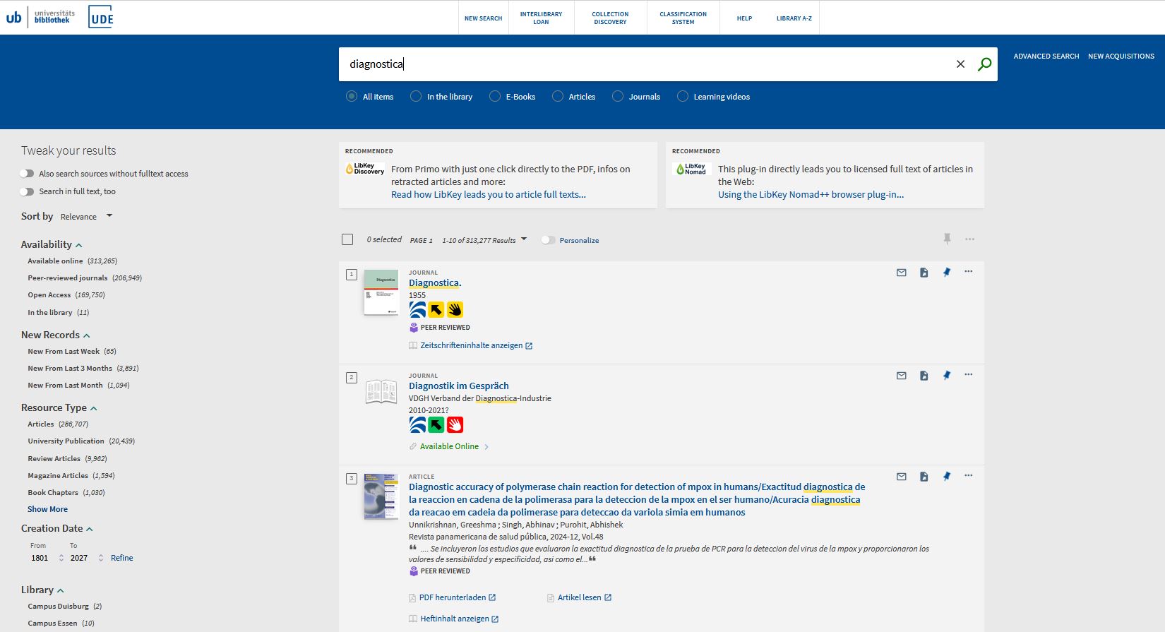 Englischsprachiger Screenshot aus Primo: Trefferliste zur Suche nach 'Diagnostica'