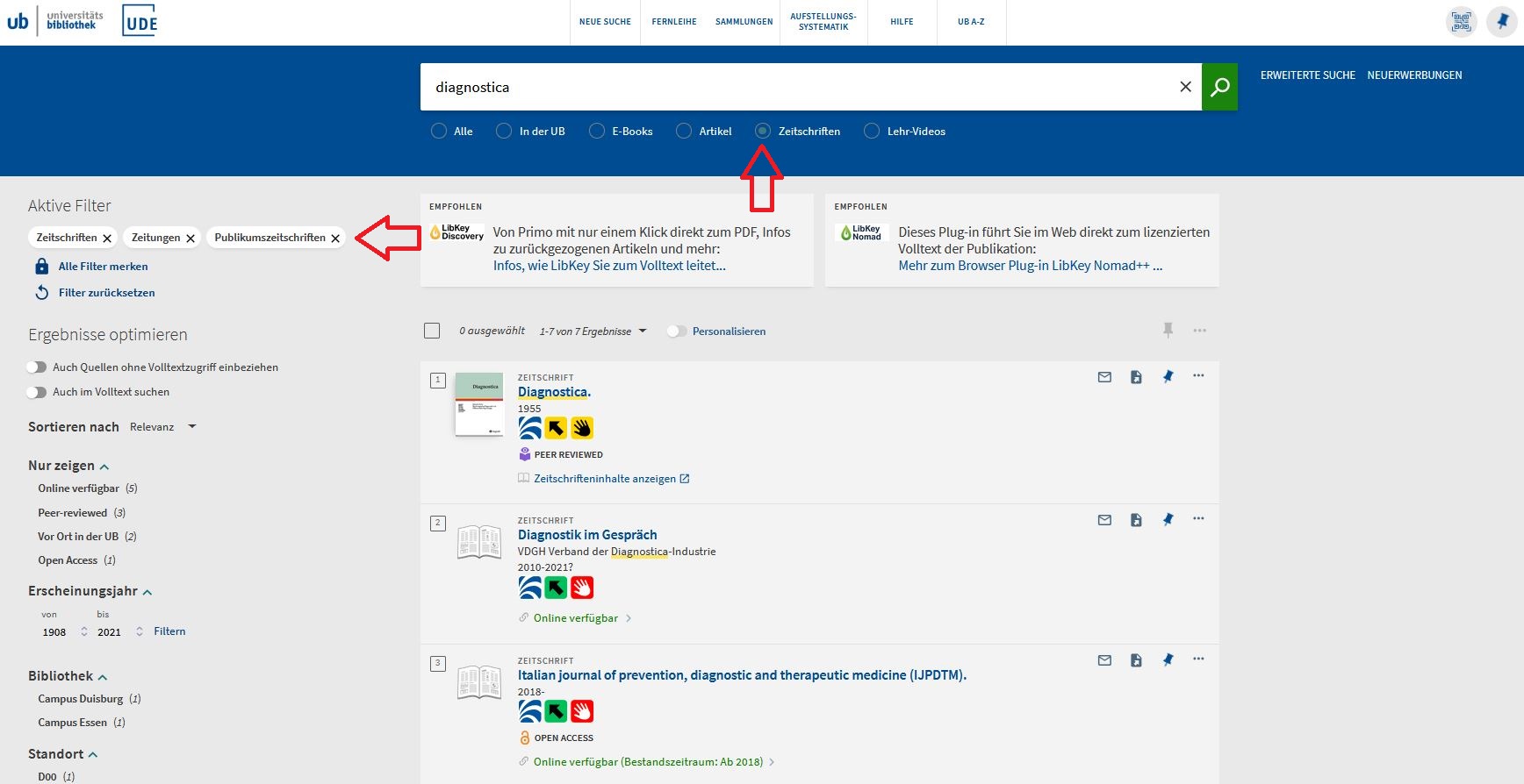 Screenshot aus Primo: Trefferliste zur Suche mit dem Filter 'Zeitschrift' nach 'Diagnostica'
