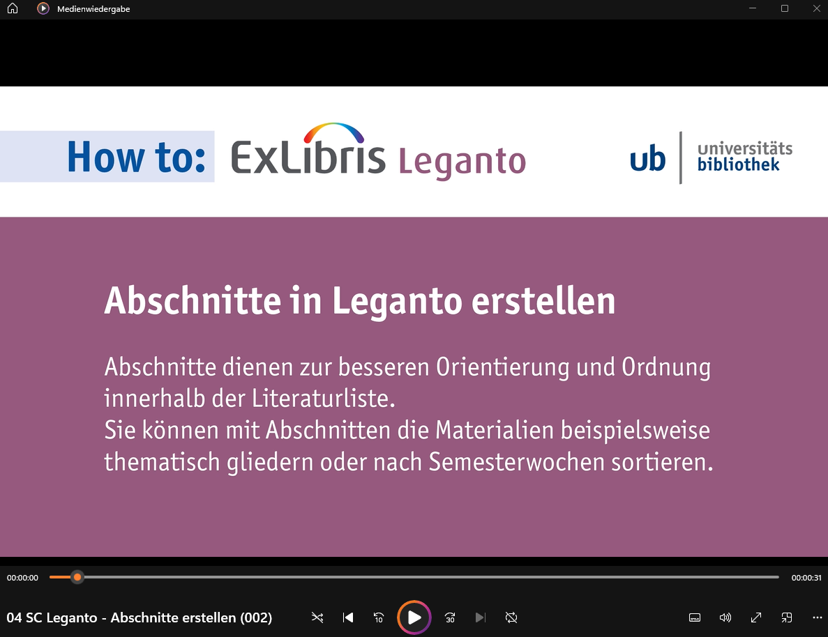 Screenshot aus dem Video-Tutorial: Abschnitte in Leganto erstellen