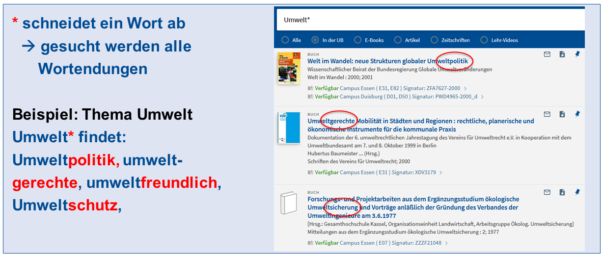Screenshot: Suche mit trunkierten Suchbegriffen zum Thema Umwelt