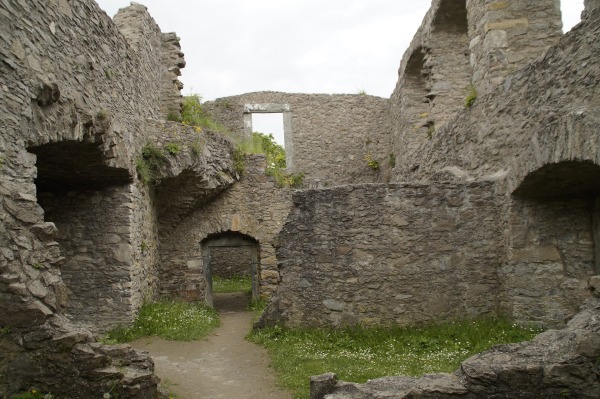 Zu sehen ist als Symbolbild das Innere der Burgruine im Hegau. Auf den alten Mauern wächst Gras.