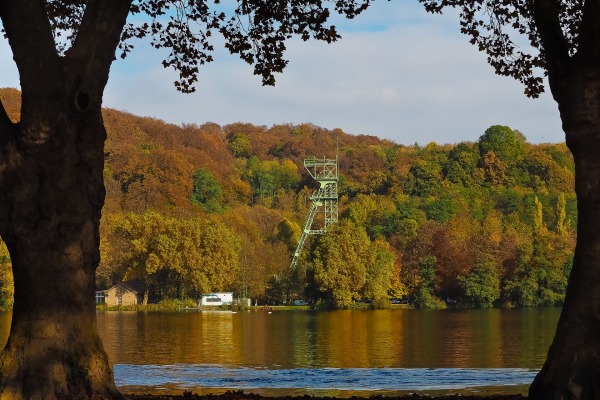 Zu sehen ist der Baldeneysee in Essen, ein Teil eines Stahlgerüsts am anderen Ufer und herbstliche Bäume rundrum.